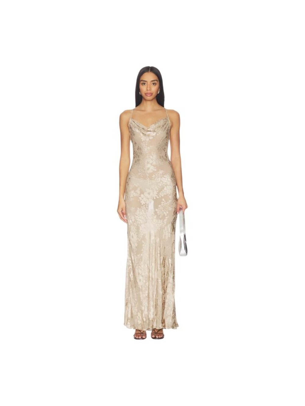 L'AGENCE Christine Burnout Satin Cowl Gown in Feather Grey Beige  XS